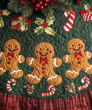 Gingerbread Row Evergreen Tree Skirt — Custom Holiday Design, Handcrafted Felt, Whimsical Cookies & Evergreen Motif For Home