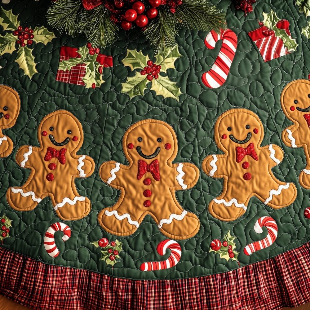 Gingerbread Row Evergreen Tree Skirt — Custom Holiday Design, Handcrafted Felt, Whimsical Cookies & Evergreen Motif For Home