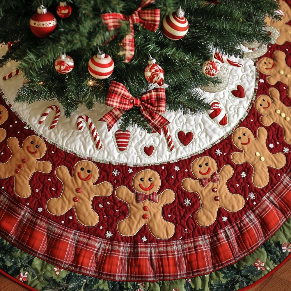 Wine Gingerbread & Hearts Christmas Tree Skirt — Sweet Handmade Holiday Skirt In Rich Wine Hue With Gingerbread Motifs, Customizable