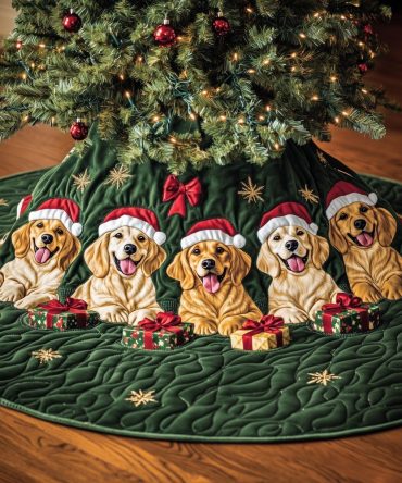 Golden Retrievers In Santa Hats Christmas Tree Skirt - Custom Made Festive Collar For Retriever Enthusiasts