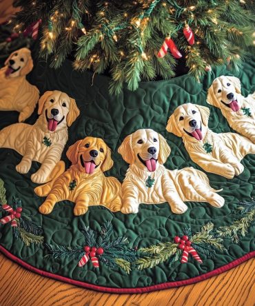 Golden Retrievers On Green Holly Christmas Tree Skirt - Custom Made Festive Tree Collar For Retriever Fans