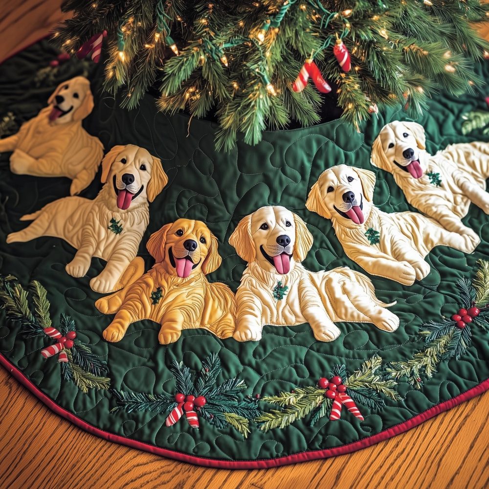 Golden Retrievers On Green Holly Christmas Tree Skirt - Custom Made Festive Tree Collar For Retriever Fans
