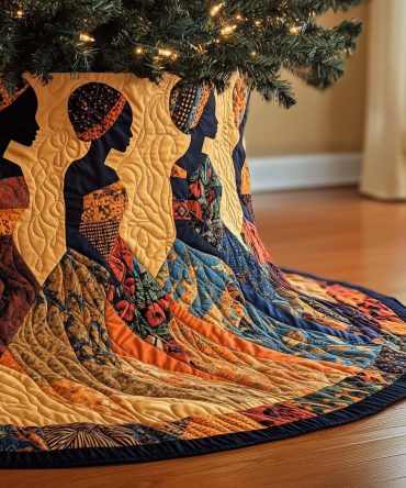 Bold Orange & Blue Profile Tree Skirt — Made-To-Order Women Silhouette Christmas Skirt For Colorful, Cultural Holiday Decor