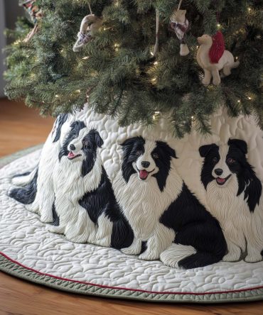 Border Collie Quilt Christmas Tree Skirt - Custom White Quilted Dog-Themed Holiday Skirt, Soft Plush Festive Home Accent, Made To Order