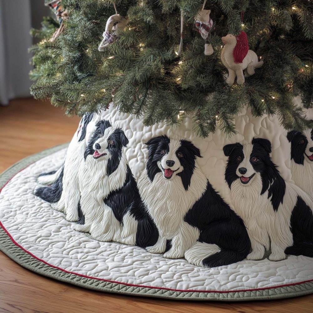 Border Collie Quilt Christmas Tree Skirt - Custom White Quilted Dog-Themed Holiday Skirt, Soft Plush Festive Home Accent, Made To Order