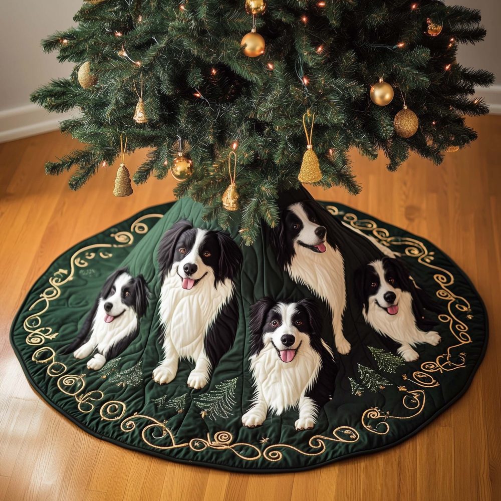 Border Collie Holiday Tree Skirt - Custom Dark Green Dog Lover Christmas Skirt, Charming Pet-Themed Festive Home Decor, Handmade
