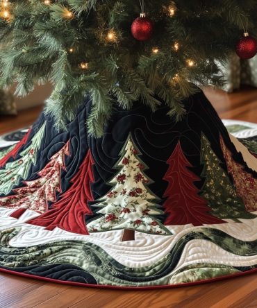 Classic Red & White Pine Christmas Tree Skirt - Custom Green Holiday Skirt, Traditional Woodland Seasonal Décor, Handmade Quality