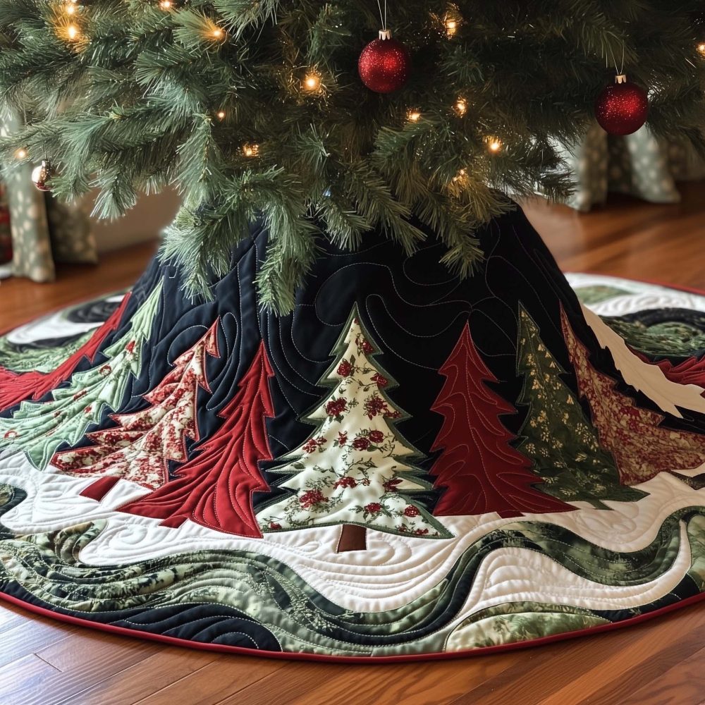 Classic Red & White Pine Christmas Tree Skirt - Custom Green Holiday Skirt, Traditional Woodland Seasonal Décor, Handmade Quality