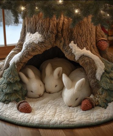 Snow Bunny Realm Christmas Tree Skirt — Cute Bunny Winter Skirt, Handmade Custom Options For Charming Holiday Scenes