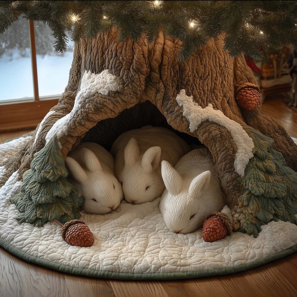Snow Bunny Realm Christmas Tree Skirt — Cute Bunny Winter Skirt, Handmade Custom Options For Charming Holiday Scenes