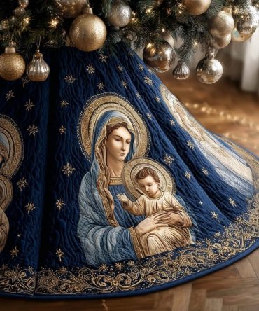 Classic Madonna & Child Navy Starry Tree Skirt - Custom Religious Christmas Tree Skirt, Elegant Nativity Holiday Decor