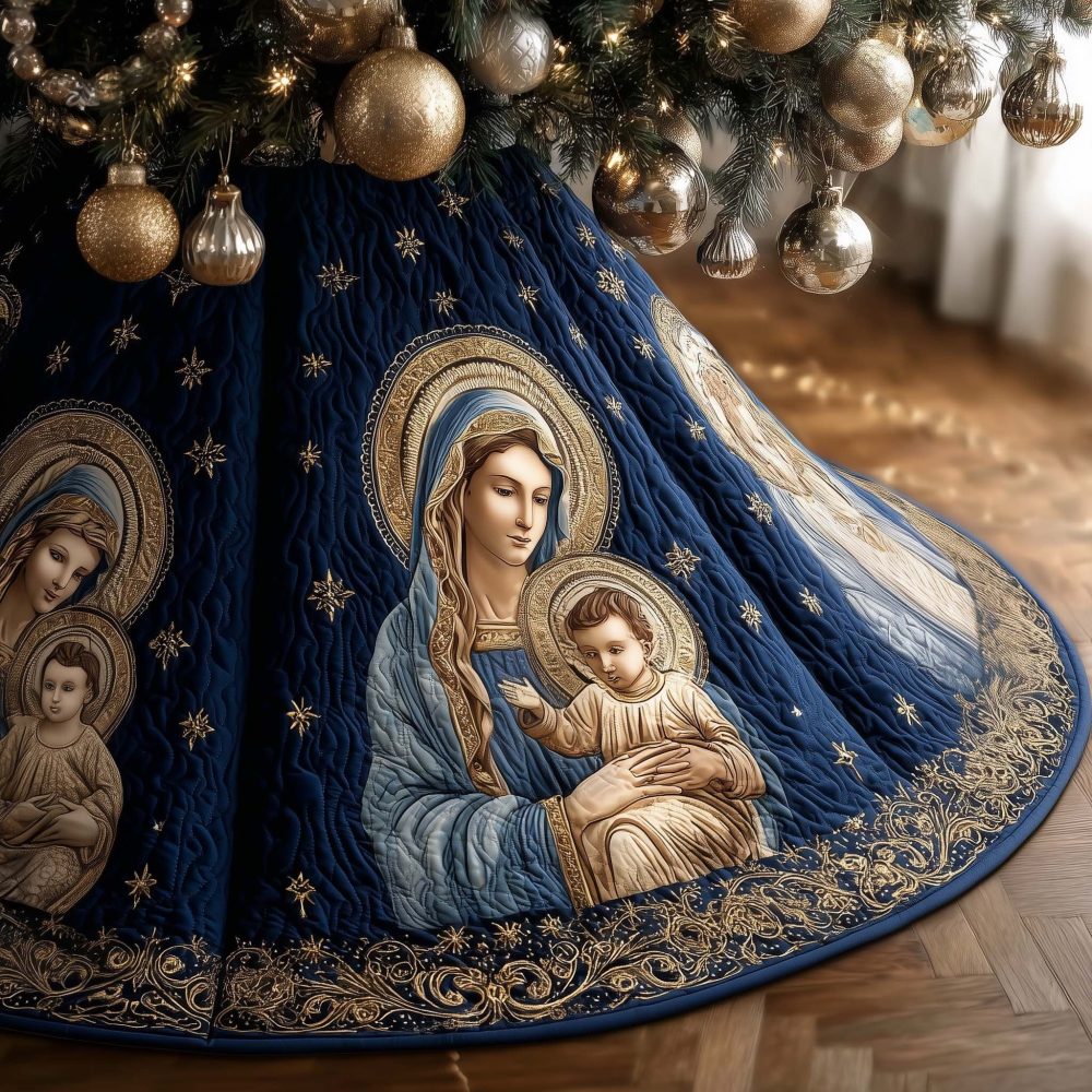 Classic Madonna & Child Navy Starry Tree Skirt - Custom Religious Christmas Tree Skirt, Elegant Nativity Holiday Decor
