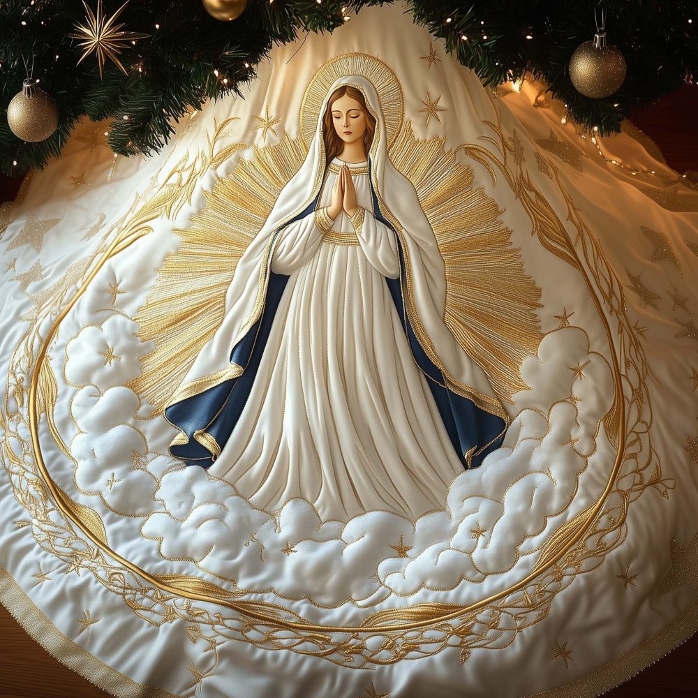Serene Praying Figure White Robes Tree Skirt - Custom Religious Christmas Tree Skirt, Inspirational Nativity Holiday Decor