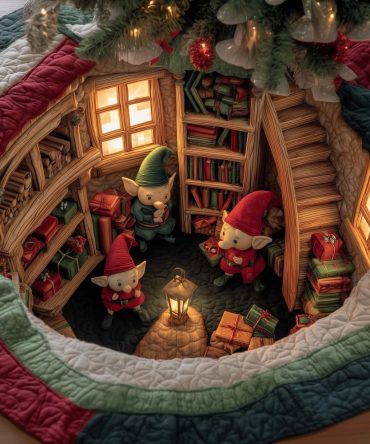 Library Workshop Gnomes Christmas Tree Skirt — Hand-Sewn Bookish Gnome Scene, Custom Sizes, Ideal Gift For Book Lovers