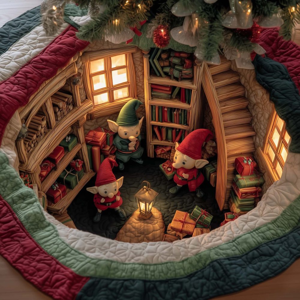 Library Workshop Gnomes Christmas Tree Skirt — Hand-Sewn Bookish Gnome Scene, Custom Sizes, Ideal Gift For Book Lovers