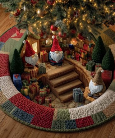 Handcrafted Gnome Workshop Christmas Tree Skirt — Custom Made, Festive Stair Scene, Plush Holiday Décor For Living Room