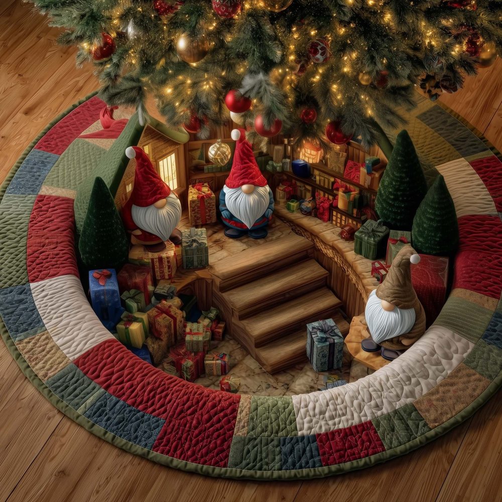 Handcrafted Gnome Workshop Christmas Tree Skirt — Custom Made, Festive Stair Scene, Plush Holiday Décor For Living Room