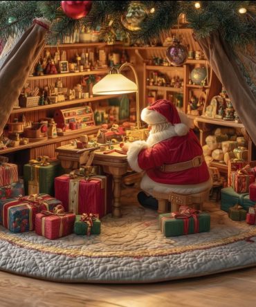 Santa At Attic Toy Bench Christmas Tree Skirt — Vintage Toy Workshop Scene, Handcrafted Holiday Skirt With Custom Options