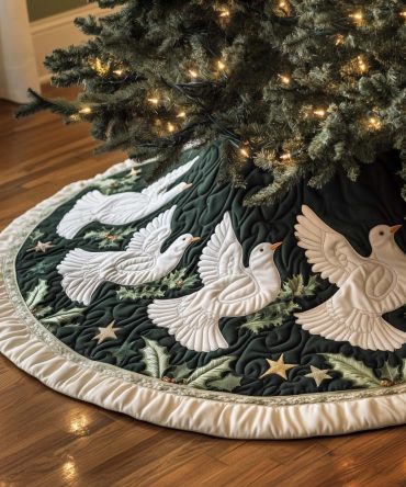 Elegant White Doves Forest Green Tree Skirt - Custom Christmas Tree Skirt, Premium Holiday Mantle Accent For Home