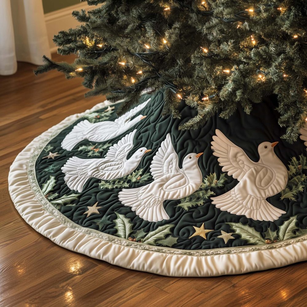 Elegant White Doves Forest Green Tree Skirt - Custom Christmas Tree Skirt, Premium Holiday Mantle Accent For Home