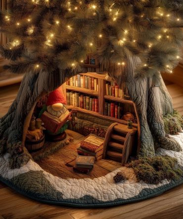 Whimsical Library Tree Trunk Christmas Tree Skirt - Custom Made Bookish Holiday Decor, Unique Handmade Xmas Accent