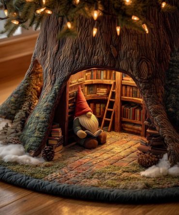 Gnome In The Tree Library Tree Skirt — Handcrafted Custom Christmas Base Cover, Charming Bookish Holiday Decor