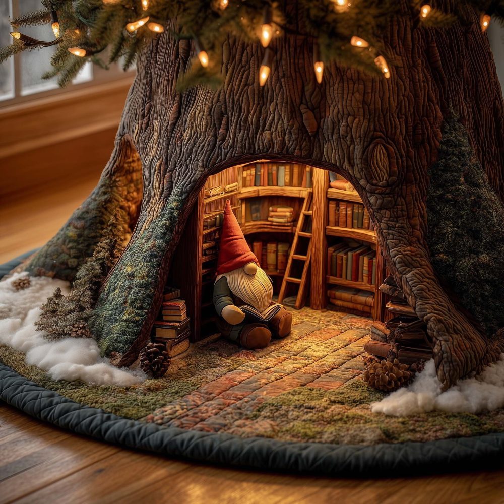 Gnome In The Tree Library Tree Skirt — Handcrafted Custom Christmas Base Cover, Charming Bookish Holiday Decor