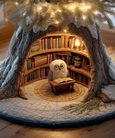 Storytime Owl In The Tree Library Tree Skirt — Handcrafted Made-To-Order Christmas Base Cover, Whimsical Literary Holiday Décor