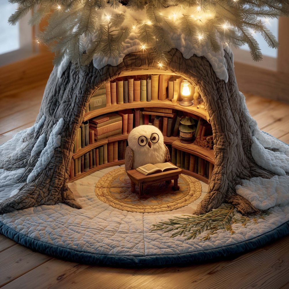 Storytime Owl In The Tree Library Tree Skirt — Handcrafted Made-To-Order Christmas Base Cover, Whimsical Literary Holiday Décor