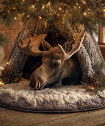 Sleeping Moose In A Snowy Log Tree Skirt — Handcrafted Winter Woodland Christmas Base Cover, Custom Made Holiday Accent