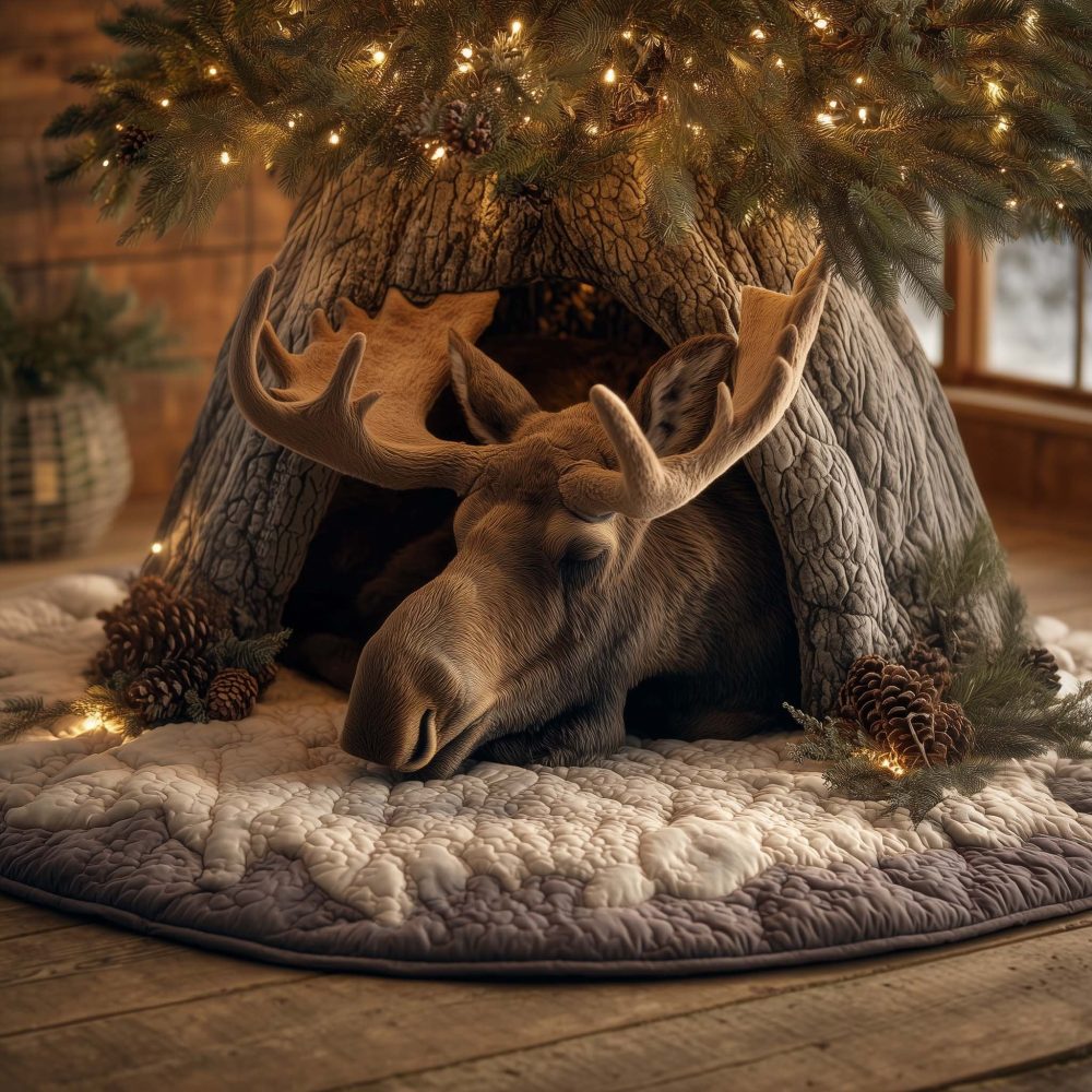 Sleeping Moose In A Snowy Log Tree Skirt — Handcrafted Winter Woodland Christmas Base Cover, Custom Made Holiday Accent