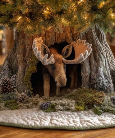 Mossy Tree Hollow Moose Christmas Tree Skirt — Handcrafted Rustic Base Cover, Custom Made Holiday Cabin Accent