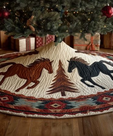 Southwestern Striped Christmas Tree Skirt With Running Horse Silhouettes — Custom Handmade Holiday Decor, Multiple Sizes Available