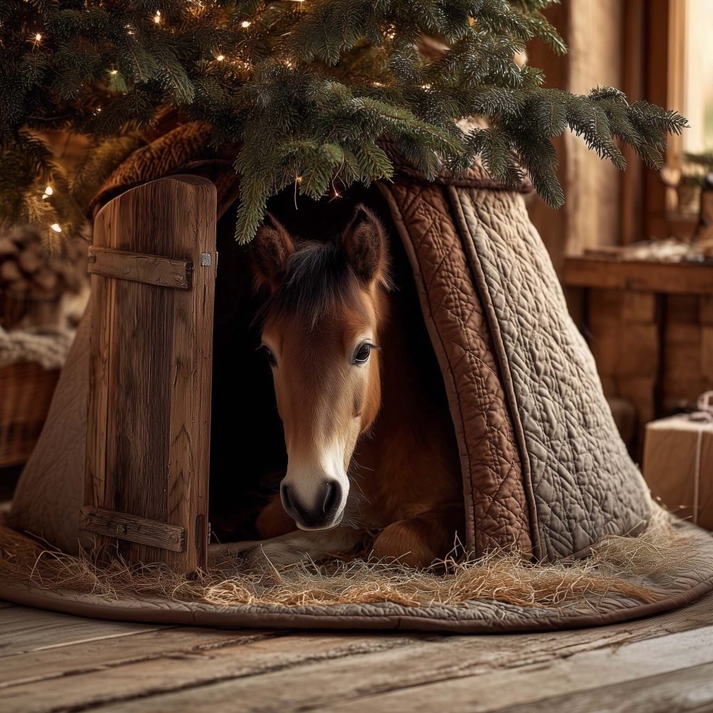 Custom-Made Rustic Barn Door Horse Christmas Tree Skirt — Handmade Holiday Accent With Warm Country Charm, Multiple Sizes