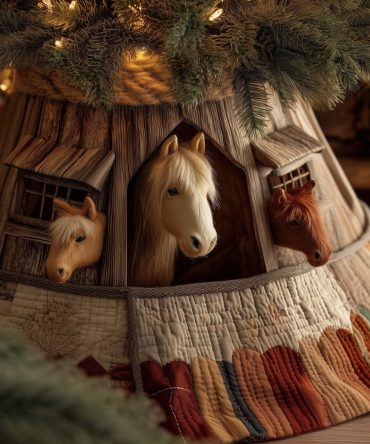Barnyard Horses Peek Christmas Tree Skirt — Rustic Barn Scene Equestrian Holiday Skirt, Custom Handcrafted Décor