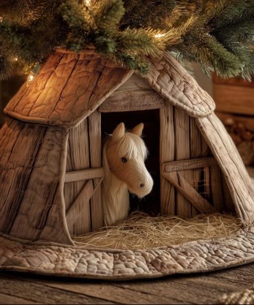 Handmade Farmhouse Christmas Tree Skirt Featuring A Lone Horse At Barn Door — Custom Made-To-Order Holiday Décor In Multiple Sizes