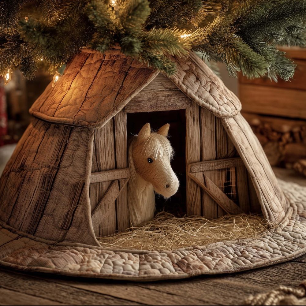 Handmade Farmhouse Christmas Tree Skirt Featuring A Lone Horse At Barn Door — Custom Made-To-Order Holiday Décor In Multiple Sizes