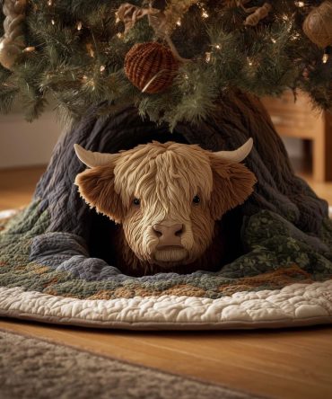 Highland Cow Peek Christmas Tree Skirt — Charming Peekaboo Cow In Hollow Design, Custom Holiday Tree Skirt, Made-To-Order