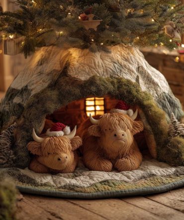 Highland Calves In Santa Hats Christmas Tree Skirt — Adorable Festive Cow Calves Holiday Skirt, Handmade & Made-To-Order