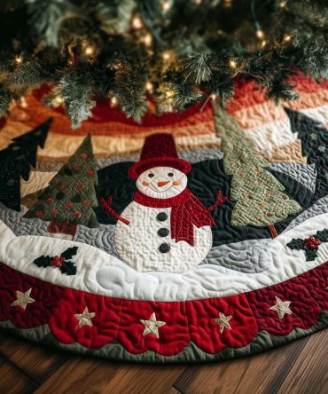 Star Band Snowman & Trees Christmas Tree Skirt — Handcrafted Holiday Skirt With Star Border, Custom Size
