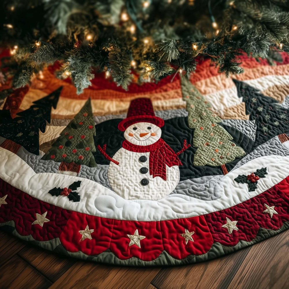 Star Band Snowman & Trees Christmas Tree Skirt — Handcrafted Holiday Skirt With Star Border, Custom Size