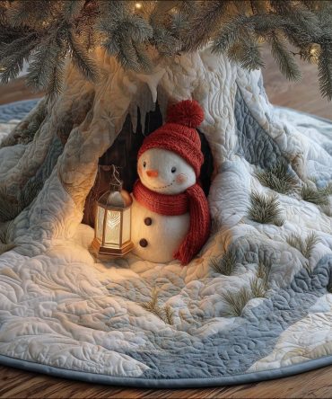 Snowman In A Snowy Hollow Tree Skirt — Cozy Winter Christmas Skirt, Custom Handmade Holiday Tree Mat