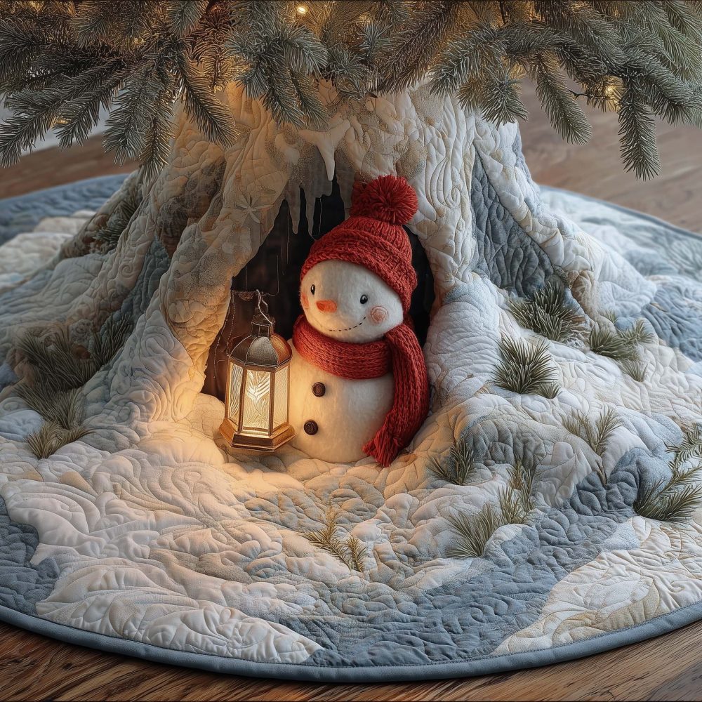 Snowman In A Snowy Hollow Tree Skirt — Cozy Winter Christmas Skirt, Custom Handmade Holiday Tree Mat