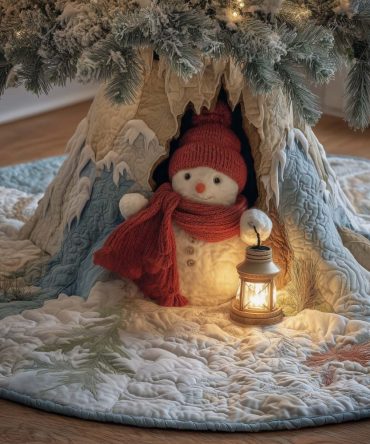 Festive Lantern Snowman Tree Skirt With Red Scarf — Handmade Winter Christmas Skirt, Custom Holiday Decor