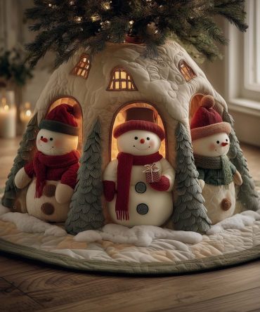 Snowman House Aglow Christmas Tree Skirt — Warm Cottage Holiday Skirt With Illuminated Cozy Scene, Custom