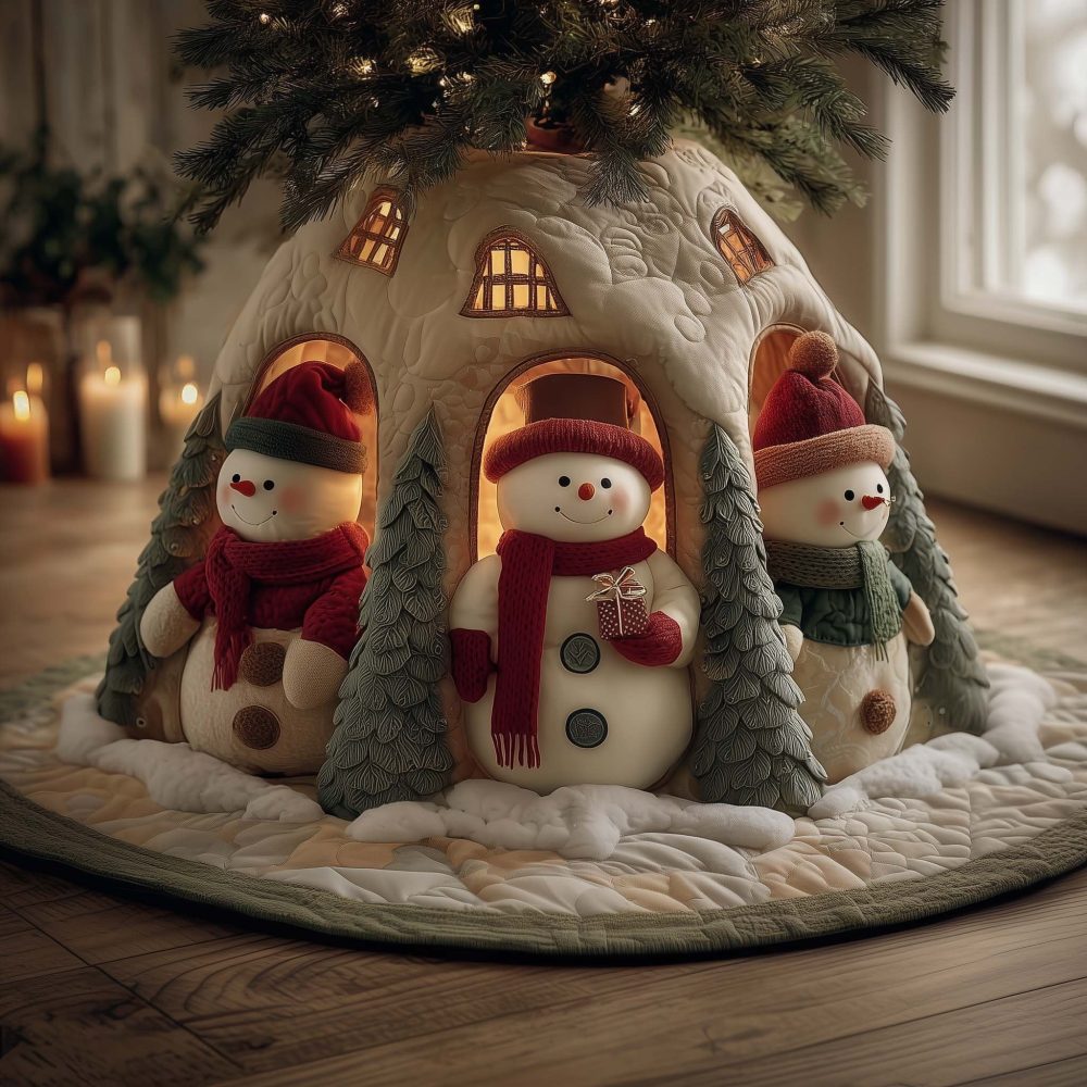 Snowman House Aglow Christmas Tree Skirt — Warm Cottage Holiday Skirt With Illuminated Cozy Scene, Custom