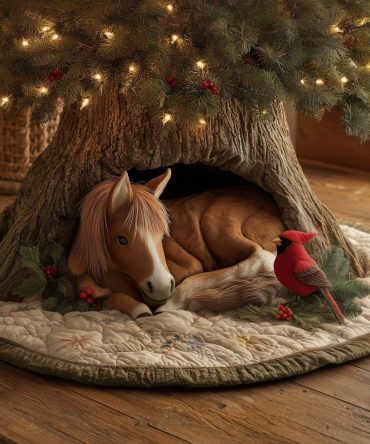 Sleeping Horse With Cardinal Tree Skirt — Handcrafted Rustic Christmas Base Cover, Custom Made Holiday Equestrian Accent