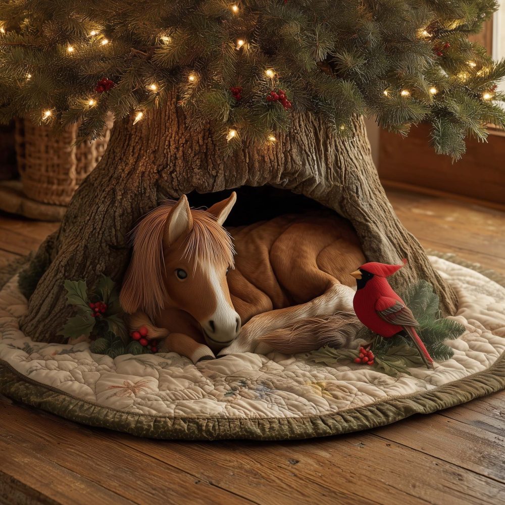 Sleeping Horse With Cardinal Tree Skirt — Handcrafted Rustic Christmas Base Cover, Custom Made Holiday Equestrian Accent