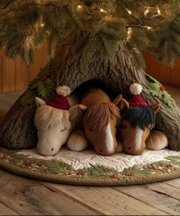 Playful Horses In Santa Hats Hollow Tree Skirt — Handcrafted Christmas Base Cover, Custom Holiday Equestrian Design