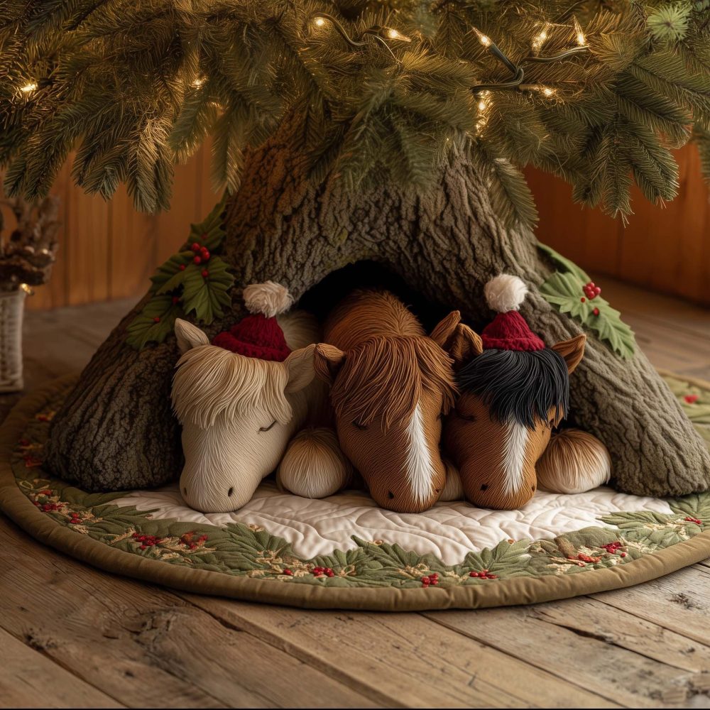 Playful Horses In Santa Hats Hollow Tree Skirt — Handcrafted Christmas Base Cover, Custom Holiday Equestrian Design
